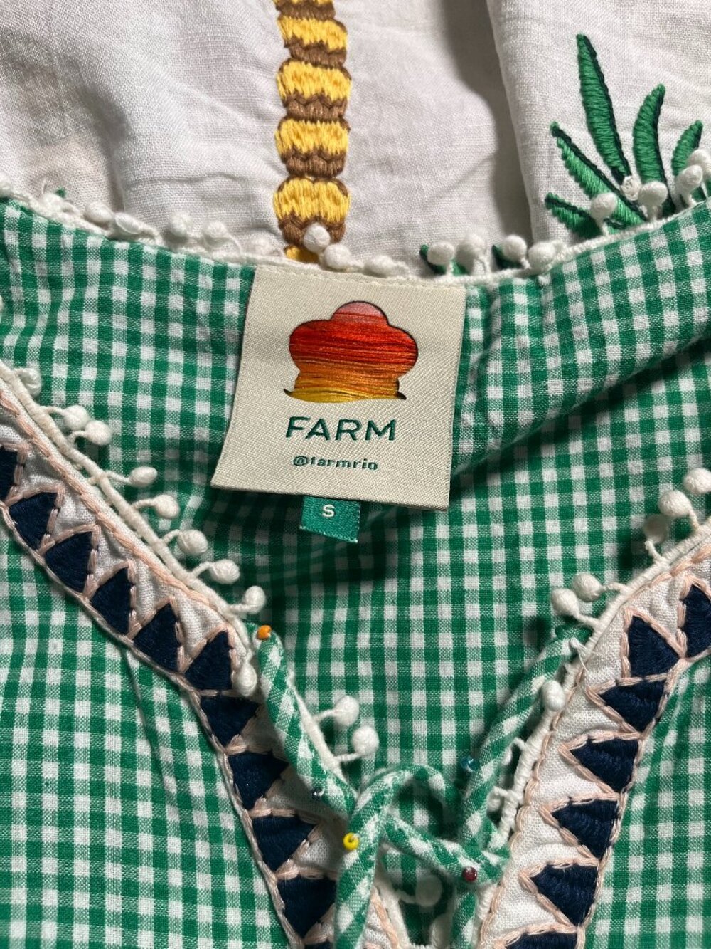 FARM Rio Embroidered Palm Tree Gingham Green White Maxi Dress - Picture 12 of 12
